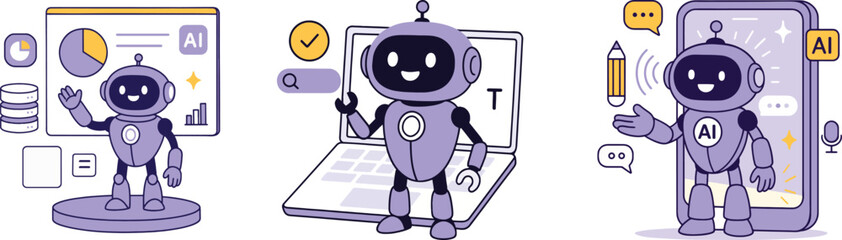 AI Robot Vector Illustration Set. Cartoon Robots with Laptop, Mobile and Dashboard.