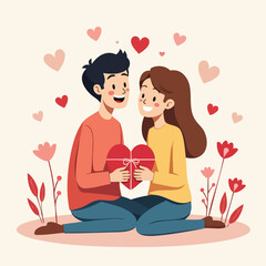 Happy Couple Sharing Love on Valentine’s Day – Flat Style Illustration