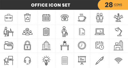  Office icon set. Containing briefcase, desk, computer, meeting, employee, schedule and co-worker symbol. Solid workspace icons vector collection.
