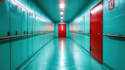 A striking view of a vibrant teal hallway lined with red doors, illuminated with bright lights, creating a visually arresting image that captures the essence of modern design.