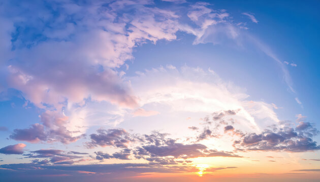 Panoramic photo, view of a pink and purple sky at sunset. Sky panorama background, header and web banner