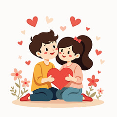 Boy and Girl Holding Heart Together – Flat Illustration for Valentine’s Day