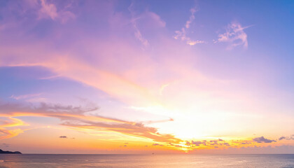 Fototapeta premium Panoramic photo, view of a pink and purple sky at sunset. Sky panorama background, header and web banner