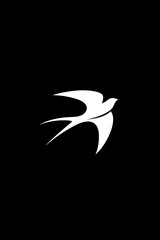 Obraz premium white swallow bird silhouette on black background, minimalist white swallow in flight, swallow bird icon in white on dark backdrop 
