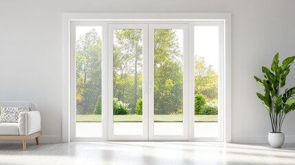 Fototapeta premium Full glass swing doors in a white living room with Scandinavian furniture and soft lighting