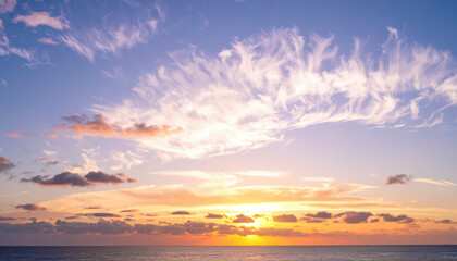 Obraz premium Panoramic photo, view of a pink and purple sky at sunset. Sky panorama background, header and web banner