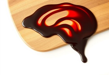 Obraz premium Rich, dark balsamic glaze swirls on rustic wooden cutting board