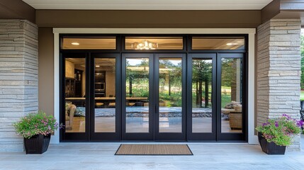 Hinged glass door with side windows, allowing natural light into modern space