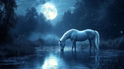 magical scene of a unicorn drinking from a moonlit stream, Generative AI
