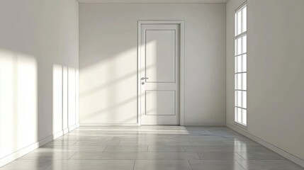 Interior white hinged door with recessed panel design in clean hallway