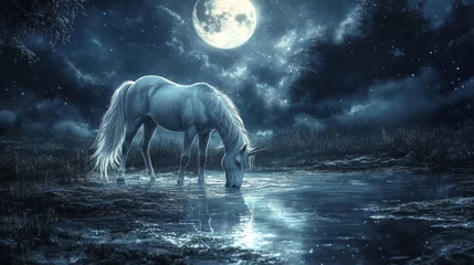magical scene of a unicorn drinking from a moonlit stream, Generative AI