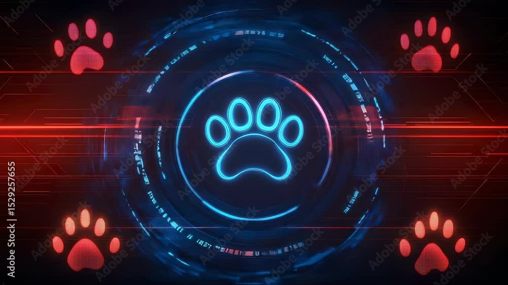Poster digital paw print technology animated background with futuristic cyberpunk style