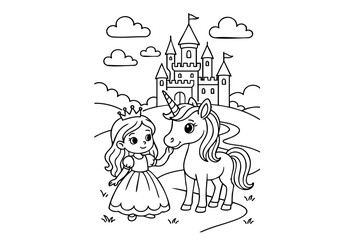 Hand drawn coloring book illustration for kids, cute animal, unicorn, fairy, mermaid