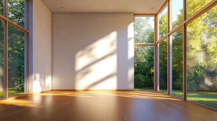 Fototapeta premium Minimalist room with vertical windows at the corner and soft shadows across wood floor