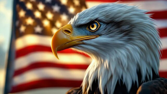 Majestic bald eagle portrait against american flag