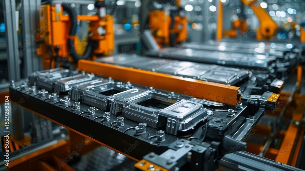 Poster an intricate view of a high-tech manufacturing assembly line showcasing advanced machinery and robot