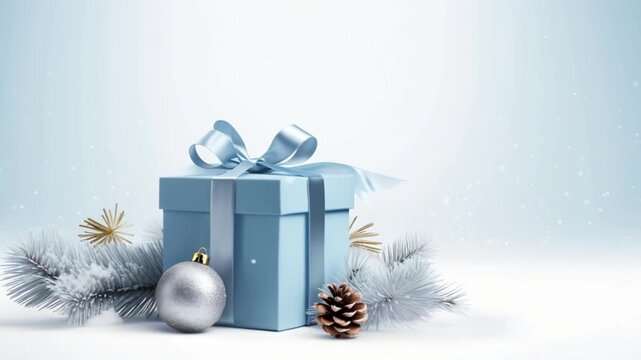 elegant Christmas gift box in pastel blue color, complemented with silver decorations and snowy fir branches. On a snowy blue background with holiday sparkles and copy space for text on the side.