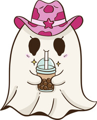 A Cute Halloween cowgirl ghost drinks Boba tea