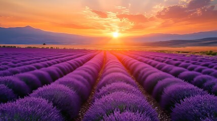 Fototapeta premium serene landscape of lavender fields under a golden sunset, Generative AI