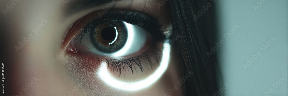 Poster glowing ring light reflected in a photographers eye with a clean visual space above for artistic eff