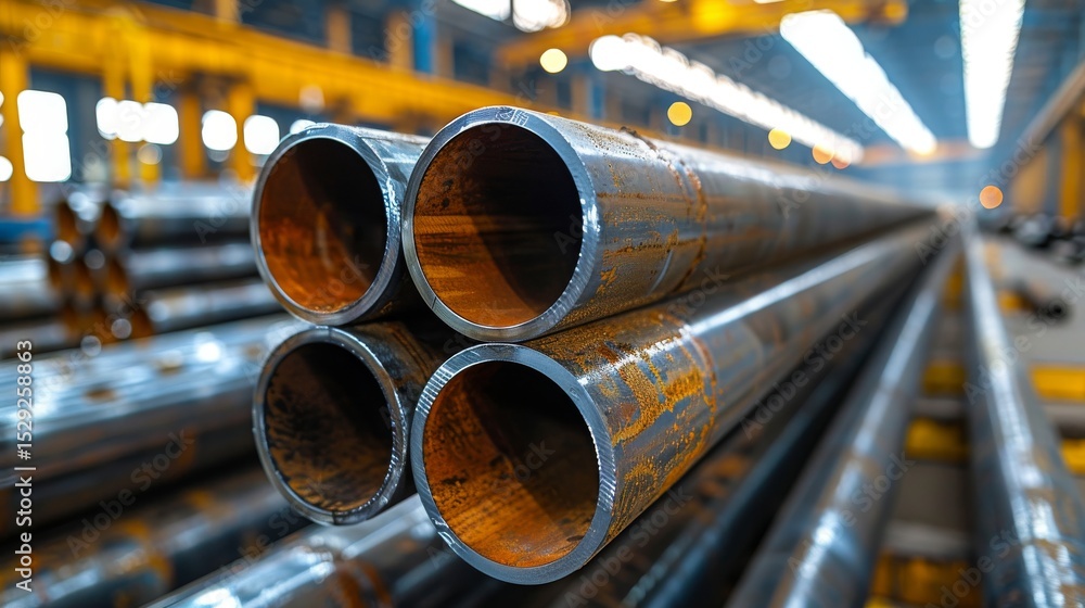 Poster a close-up view of organized metallic pipes, showcasing the intricate details and reflections within