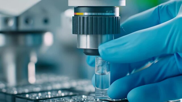 A scientist with blue glove conducting laboratory test with chemical sample and analysis using advanced digital technology footage.