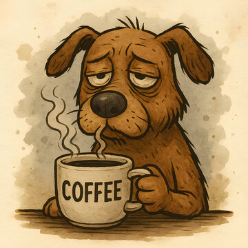 Tired dog drinking coffee