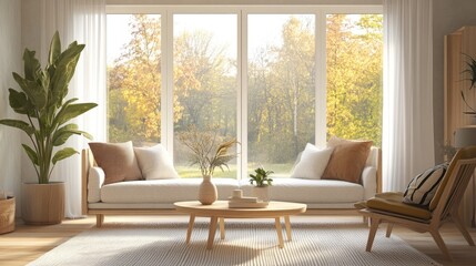 Scandinavian living room with swing glass doors, light wood floors, and soft white UV curtains
