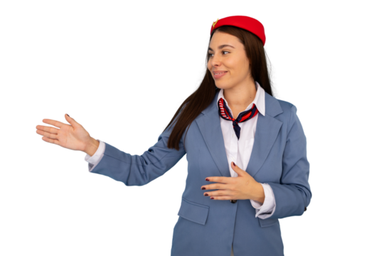Friendly flight attendant wearing uniform and red hat pointing with open hand gesture on transparent background - Powered by Adobe
