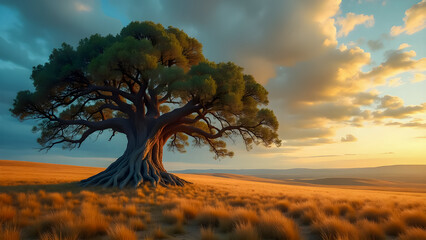 Fototapeta premium Centuries-Old Lone Tree in Open Field Beneath Dramatic Skies