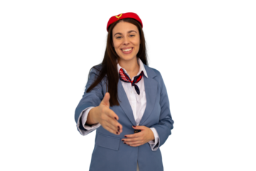 Friendly flight attendant greeting passenger with warm handshake, professional demeanor showing airline customer service