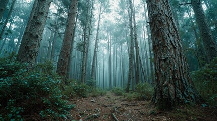 Misty Forest Pathway: Tall Trees in a Foggy Landscape