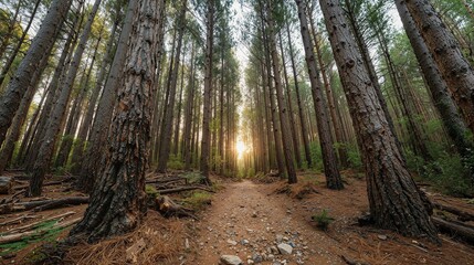 Sunlit Forest Path: Golden Rays Filtering Through Tall Pines