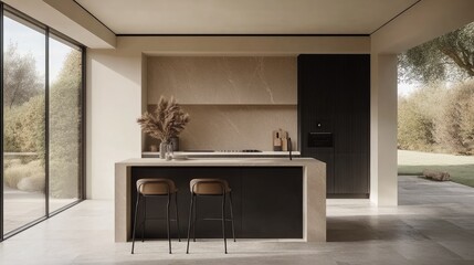 Sliding door in neutral tones blending with compact kitchen design