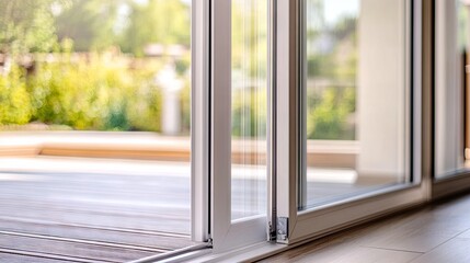 Sliding glass door in white frame with outdoor view, track and handle in focus