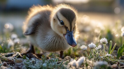 Duckling Walking Among Dewy Flowers in Morning Light