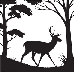 A striking black and white silhouette of a majestic buck standing alert in a forest clearing, enclosed within a circular frame. This nature-inspired deer design is perfect for outdoor-themed apparel, 