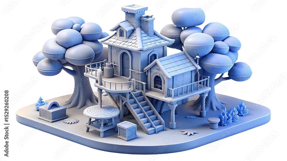 Poster stylized 3d render of a treehouse with surrounding nature isolated on white background