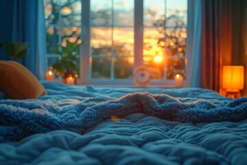 A beautifully arranged cozy bedroom, featuring a warm sunset view through large windows, with a vibrant atmosphere created by soft lighting and a tranquil setting.
