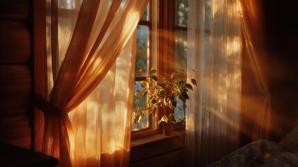 Sunlit Cozy Room with Curtains and Plant
