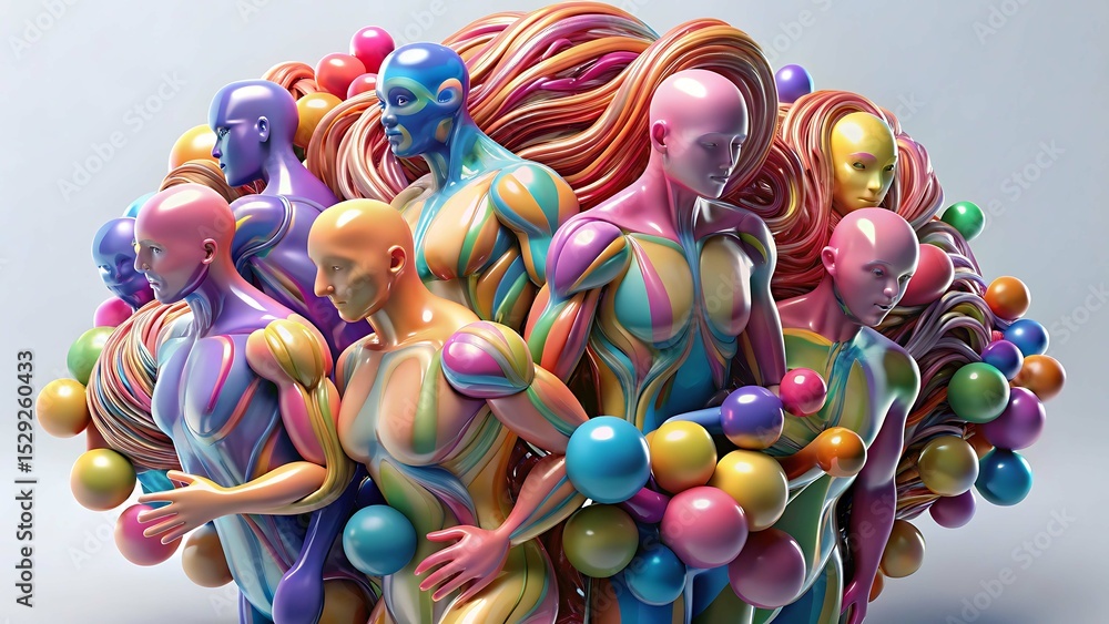 Fototapete abstract colorful human figures in dynamic pose isolated on white background