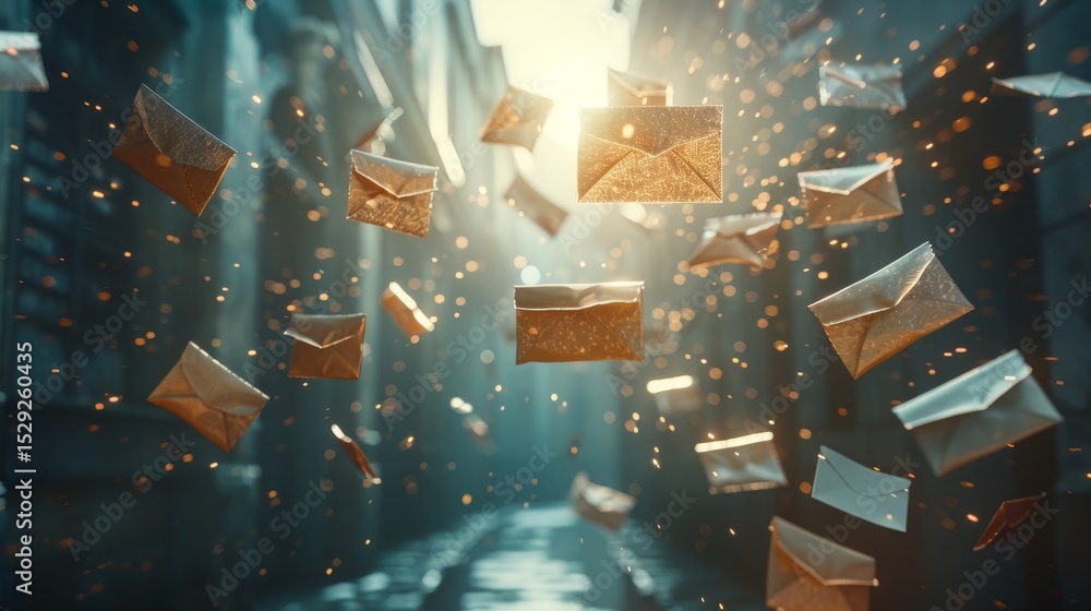 Poster An imaginative scene depicting numerous floating envelopes illuminated by soft light, creating a dreamy atmosphere that symbolizes communication and anticipation.