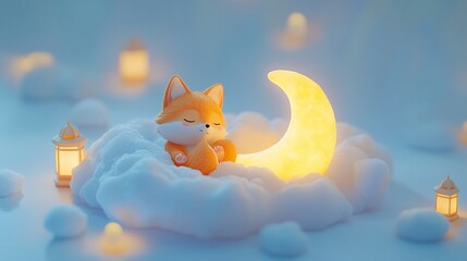 Cute fox sleeping on a cloud near a crescent moon