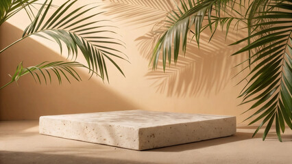 Beige Minimal Studio Background with Palm Leaf Shadows and Empty Pedestal