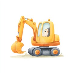 Adorable kitty enjoys a ride in its yellow excavator, a charming watercolor illustration perfect for kids