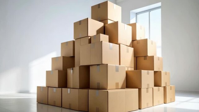 Stack of closed corrugated cardboard boxes in a bright, airy interior space for relocation or shipping business purposes