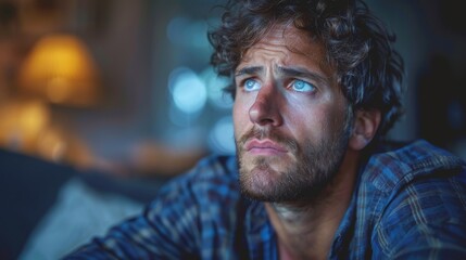 Fototapeta premium A contemplative man with striking blue eyes stares pensively at something, enveloped in soft dim light, reflecting deep feelings of introspection and vulnerability.