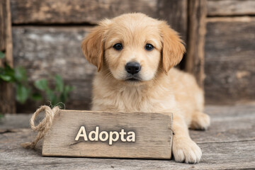 Adorable perrito marron y negro con cartel de madera con la palabra " Adopta", sobre fondo borroso