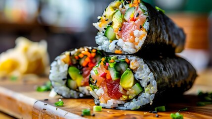 Stacked sushi burritos with fresh tuna, avocado, and colorful vegetables on a wooden board