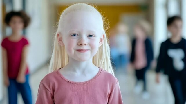 Smiling albino girl leading a diverse group of children down a school corridor, promoting inclusion and diversity in an educational setting